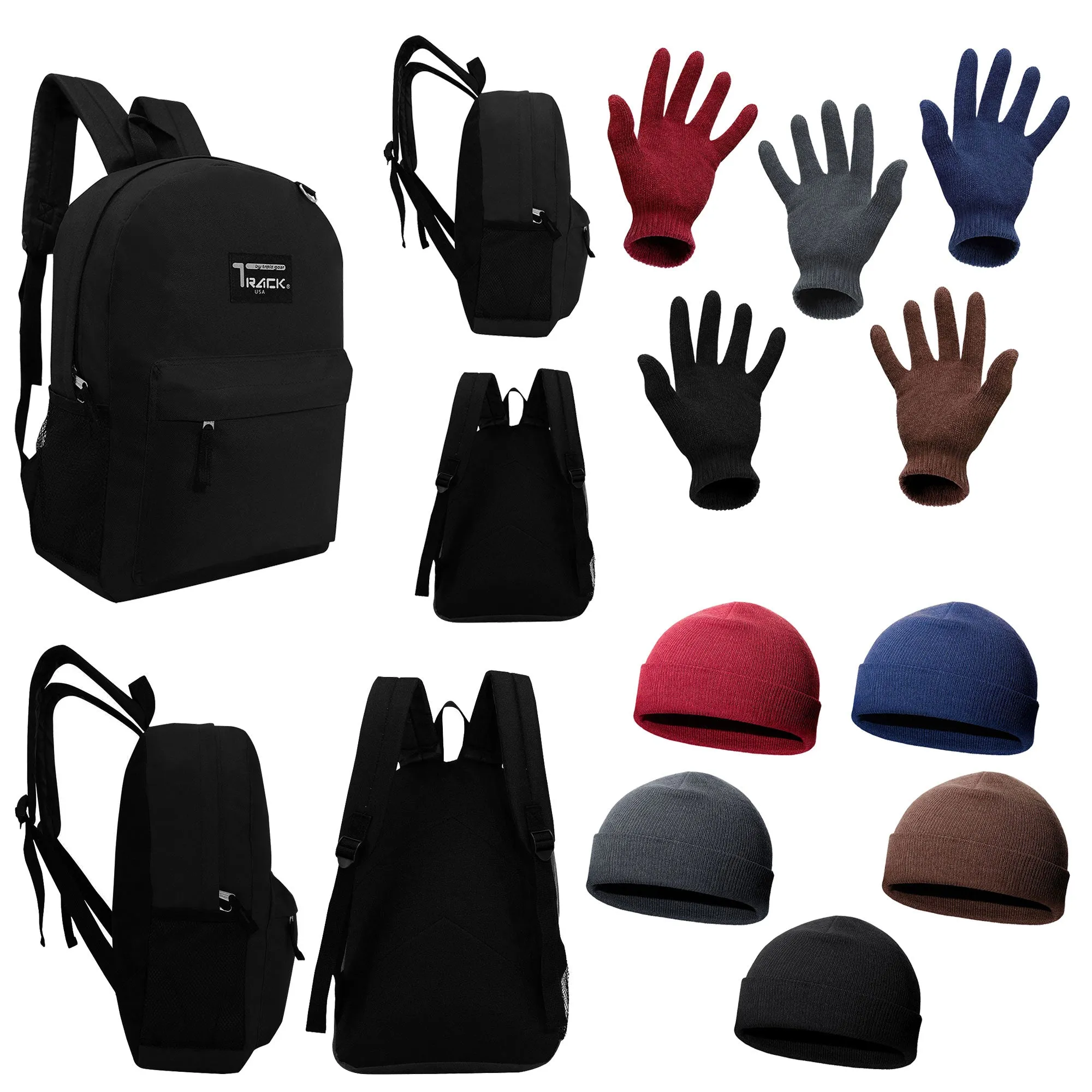 12 Black 17" Backpacks & Your Choice of 12 Winter Item Sets - Wholesale Care Package: Homeless, Emergency, Charity