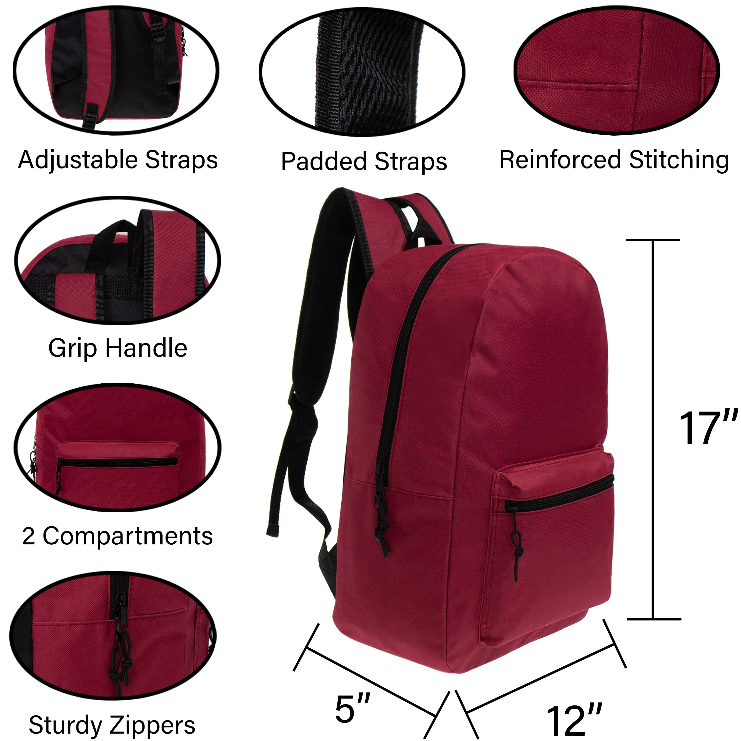 17" Kids Basic Wholesale Backpack in 8 Colors - Bulk Case of 24