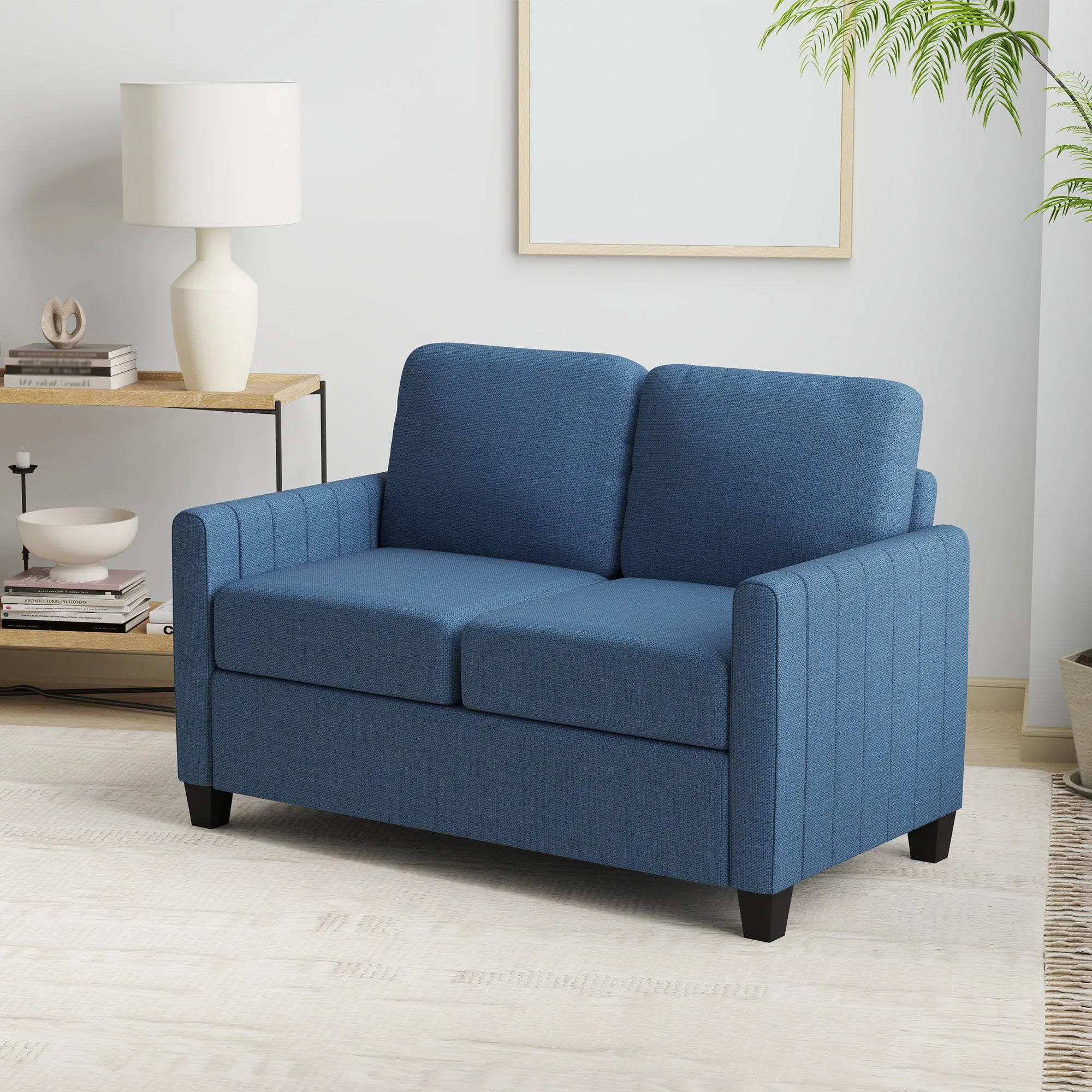 2 Seater Sofa, Channel Tufted Modern Fabric Couch, Comfy Upholstered Loveseat with Spring Cushion, Back Pillow, for Living Room, Bedroom, Office, Blue