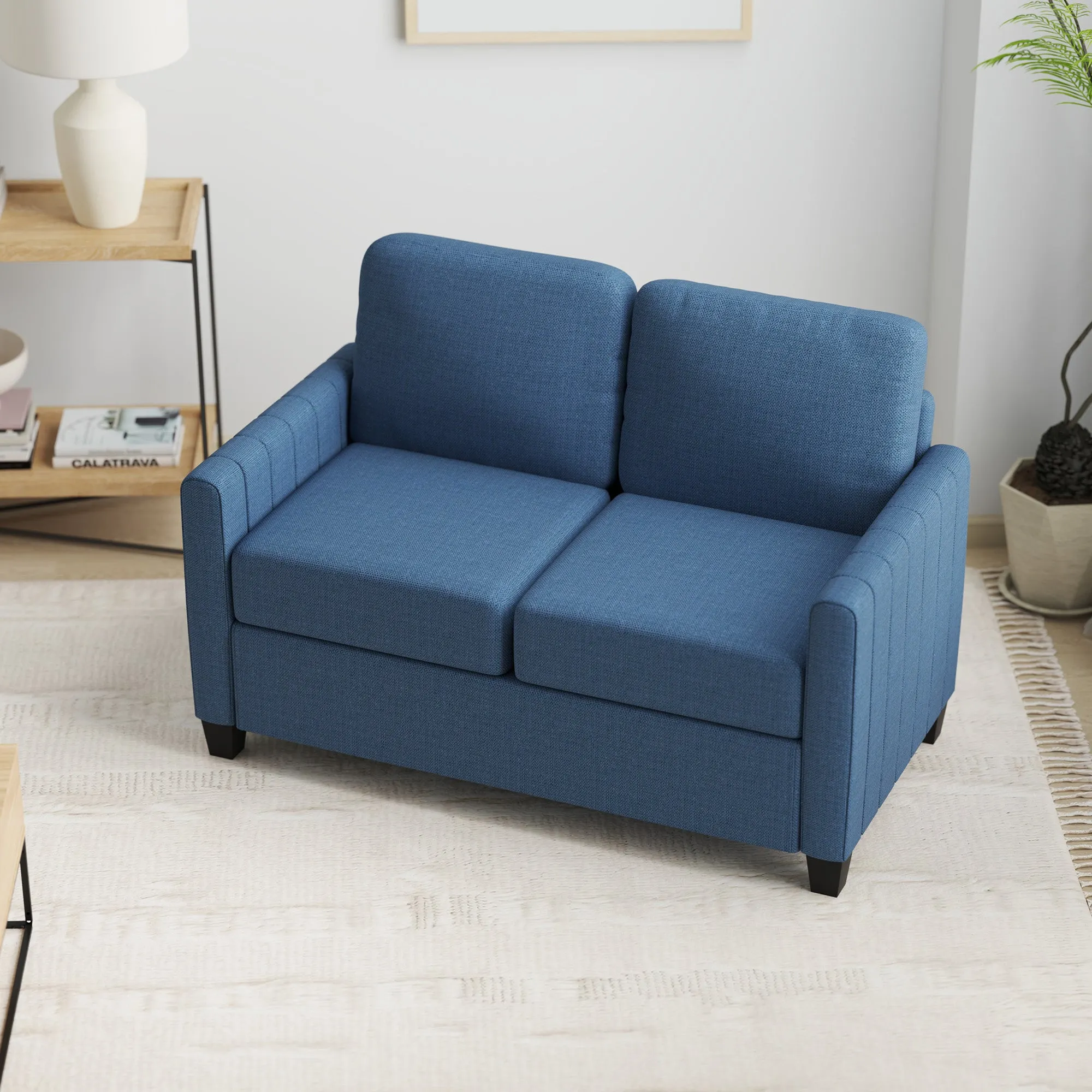 2 Seater Sofa, Channel Tufted Modern Fabric Couch, Comfy Upholstered Loveseat with Spring Cushion, Back Pillow, for Living Room, Bedroom, Office, Blue