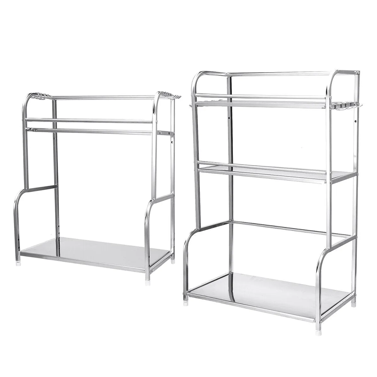 2/3 Tier Rack Stainless Steel Kitchen Storage Shelf Silver Pantry Cookware Spice Shelf Bottle Stand with Hanging Hooks