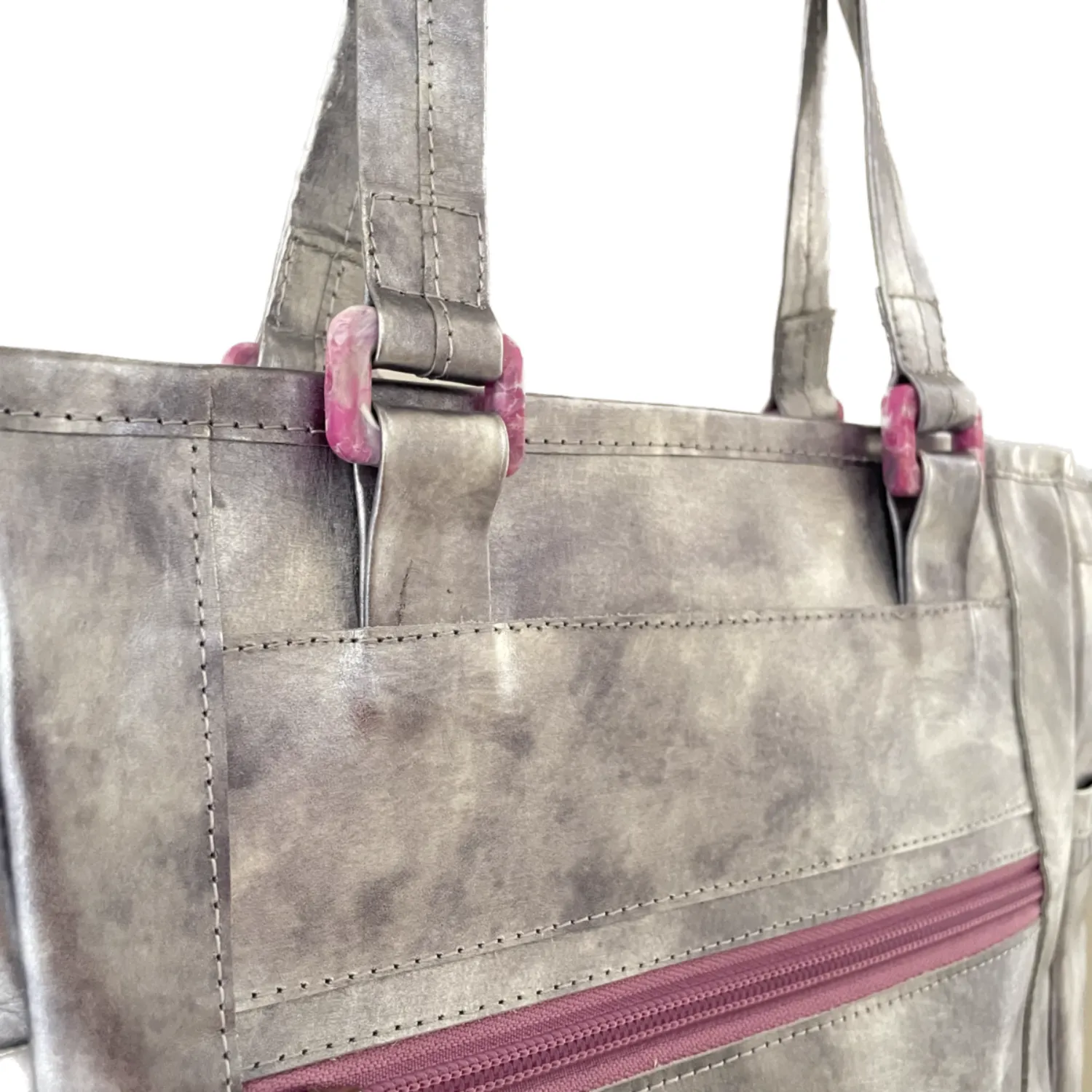 Barbarella Silver Repurposed Leather Tote Backpack Laptop Bag