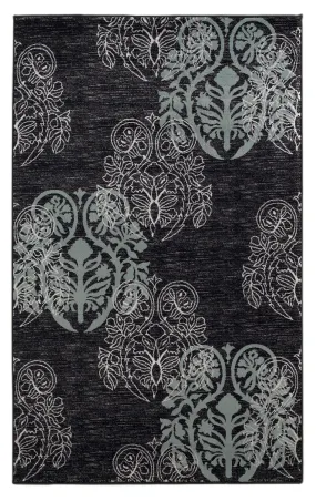 Benzara 7.7 x 5 Feet Damask Pattern Polypropylene Power Loomed Rug, Black and Blue