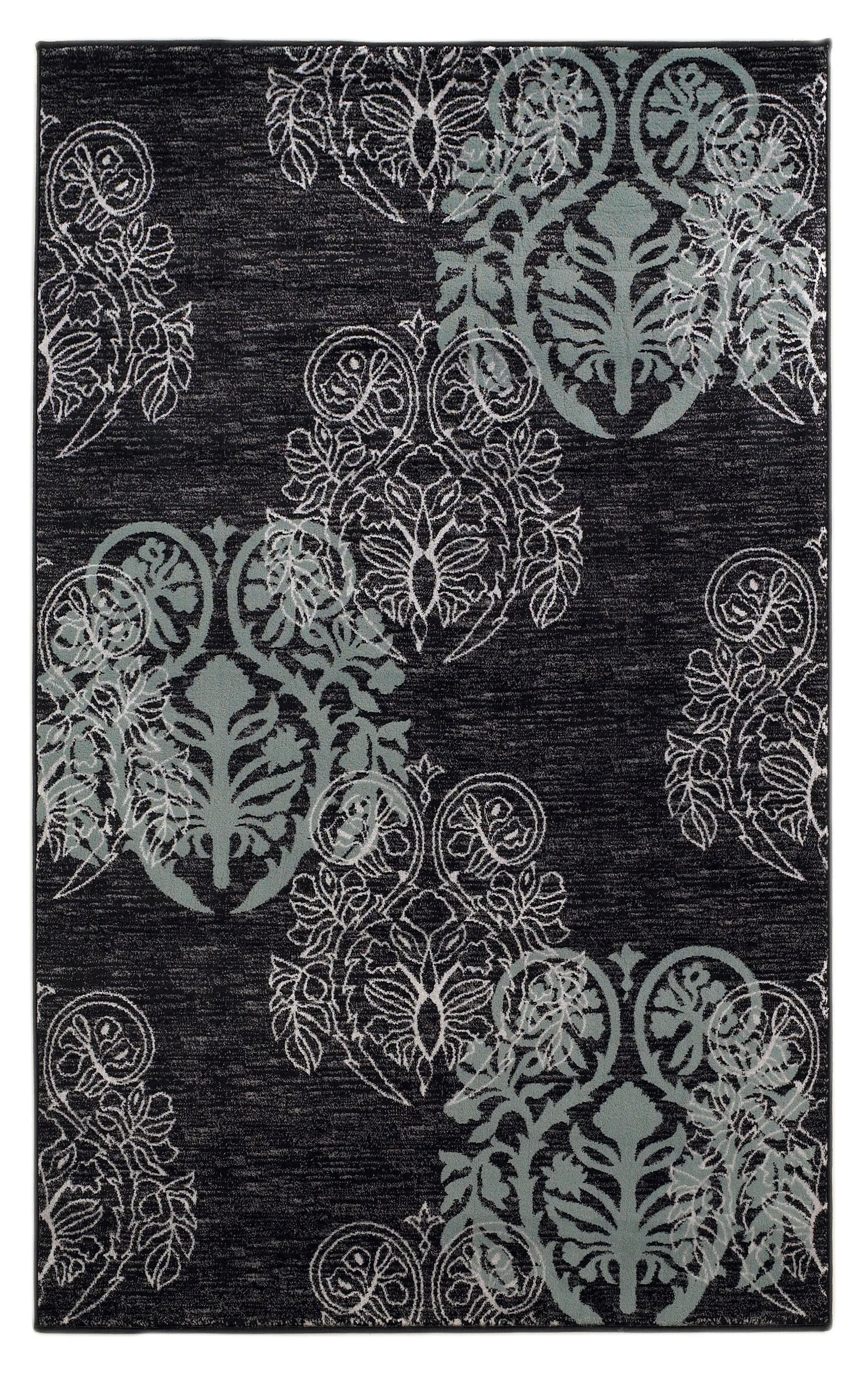 Benzara 7.7 x 5 Feet Damask Pattern Polypropylene Power Loomed Rug, Black and Blue