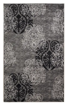 Benzara 7.7 x 5 Feet Damask Pattern Polypropylene Power Loomed Rug, Black and Gray