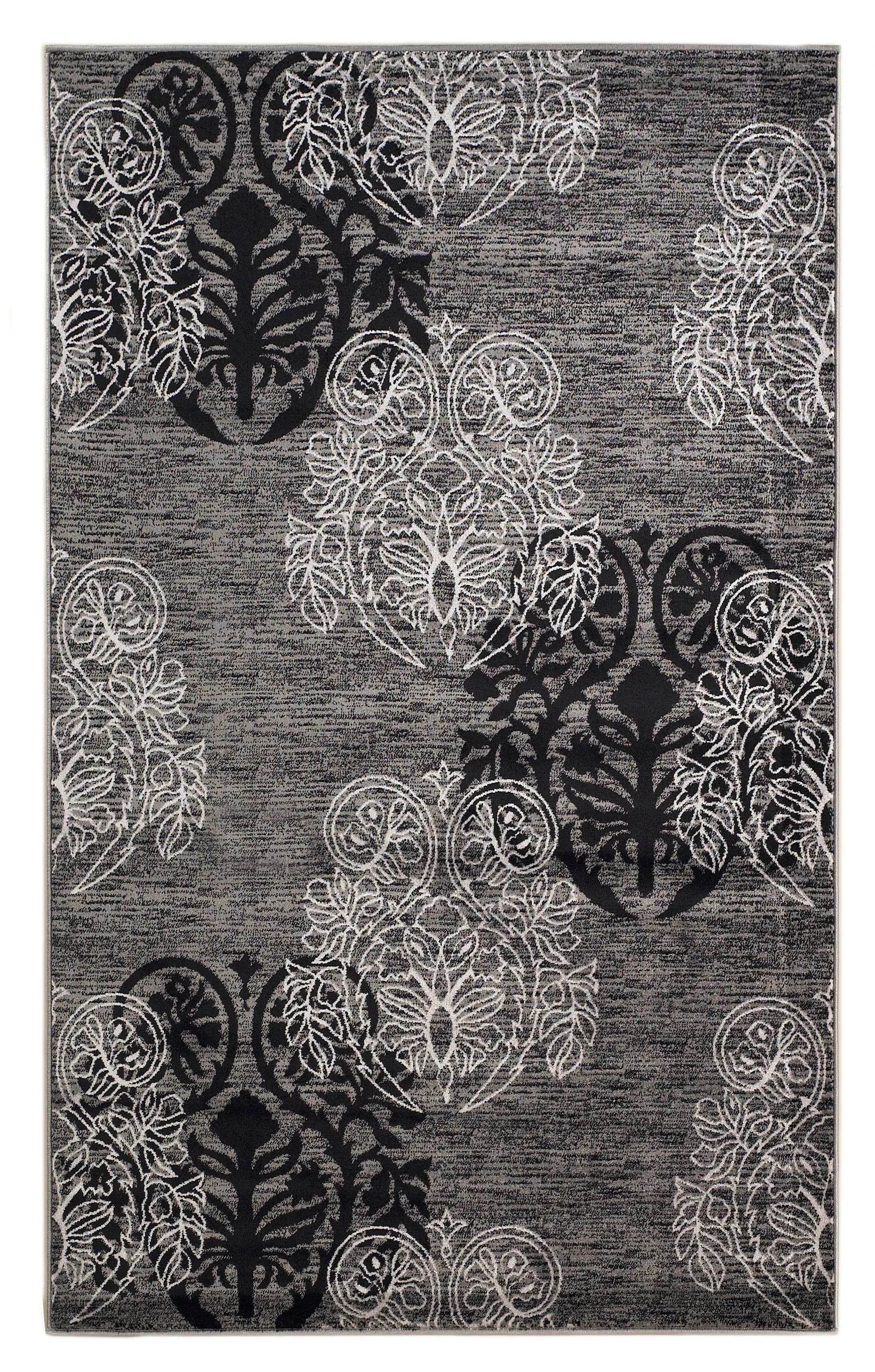 Benzara 7.7 x 5 Feet Damask Pattern Polypropylene Power Loomed Rug, Black and Gray