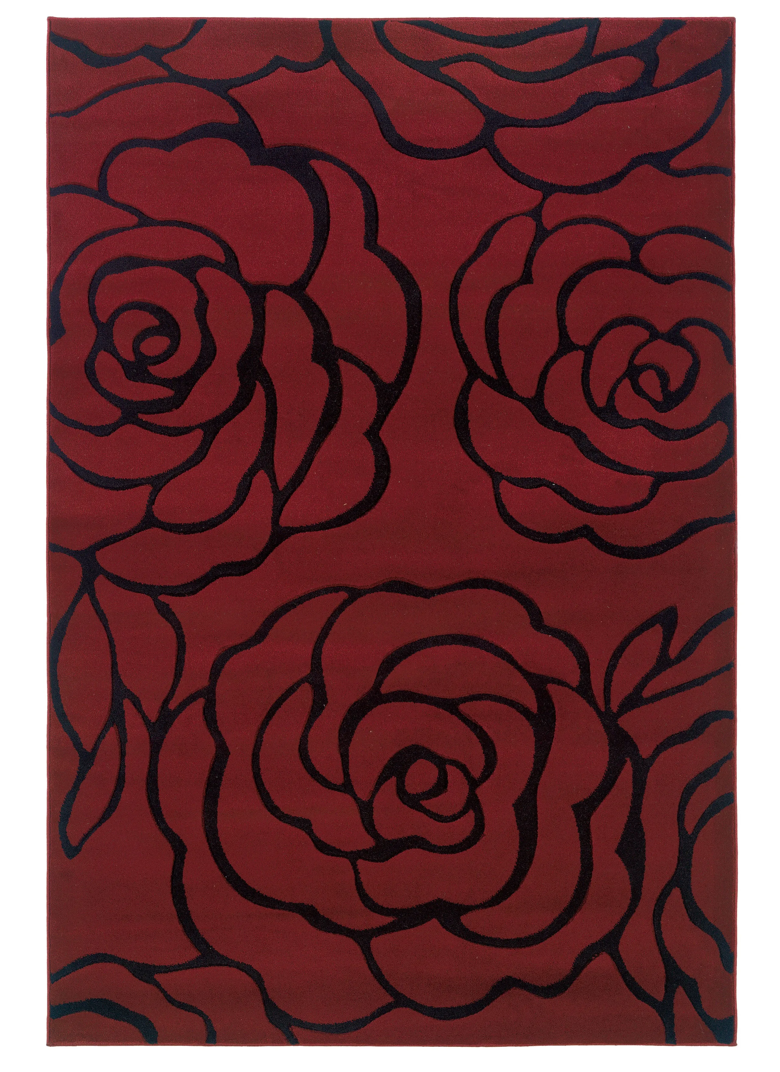 Benzara 7.7 x 5 Feet Rose Pattern Polypropylene Power Loomed Rug, Red and Black