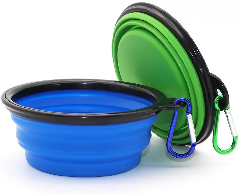 Collapsible Dog Bowl, 2 Pack Small Collapsible Dog Water Bowls for Cats Dogs, Portable Pet Feeding Watering Dish for Walking Parking Traveling with 2 Carabiners (Small, Blue Green)