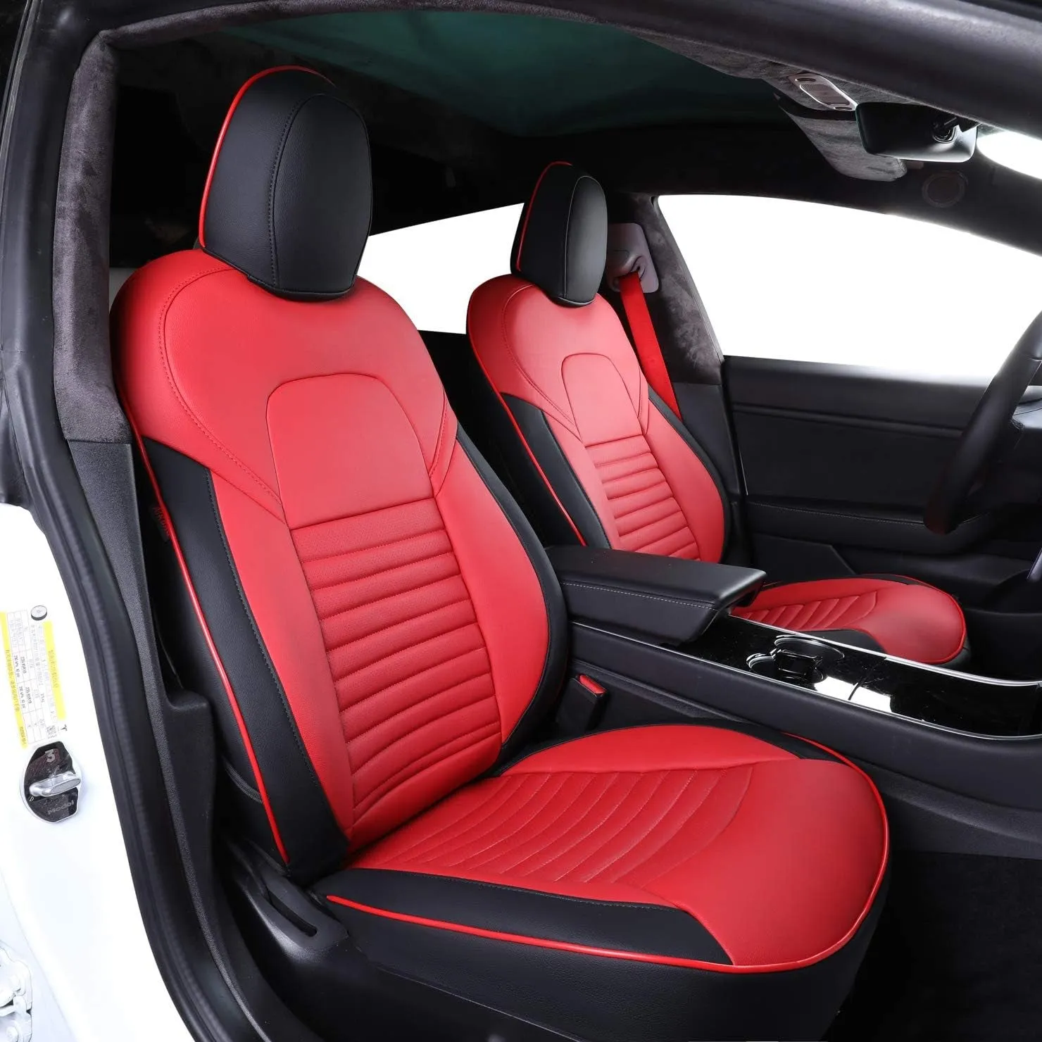 Custom Fit Model S Car Seat Covers for Select Tesla Model S 2017 2018 2019 2020 2021 2022 2023 2024,Rear Seat with 3 Build in Headrests - Leather (Black/Red)