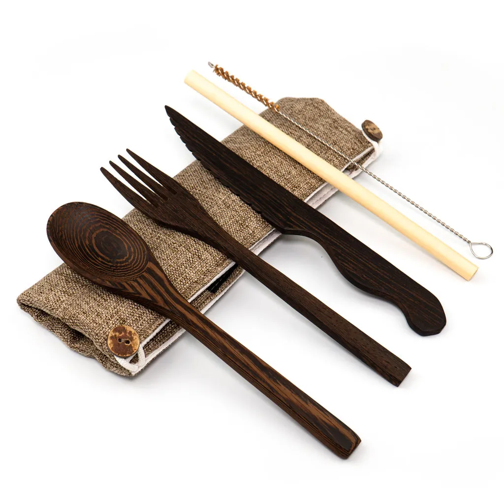 Dark Wood Cutlery Set (Brown bag)