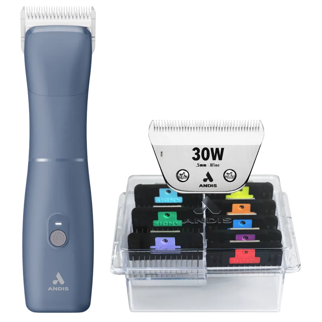 Emerge Clipper Blue with #30W Blade and 8Pc Wide Comb Attachment Bundle by Andis