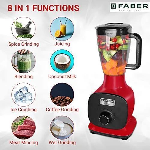 Faber 800W Juicer Mixer Grinder with 3 Stainless Steel Jar  1 Fruit Filter (FMG Candy 800 3J 1 Pc), Mystic Red