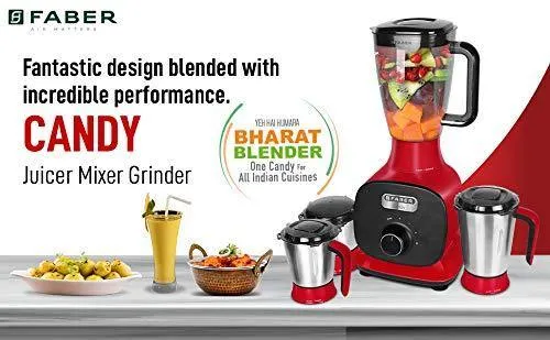 Faber 800W Juicer Mixer Grinder with 3 Stainless Steel Jar  1 Fruit Filter (FMG Candy 800 3J 1 Pc), Mystic Red