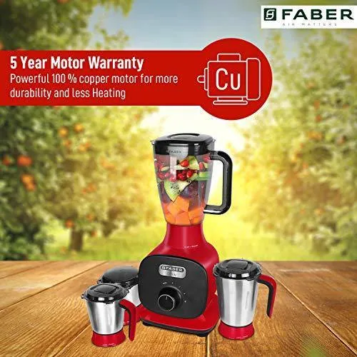 Faber 800W Juicer Mixer Grinder with 3 Stainless Steel Jar  1 Fruit Filter (FMG Candy 800 3J 1 Pc), Mystic Red