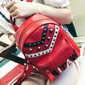 Metal Rivets PU Leather Letter Pattern Backpack - Red