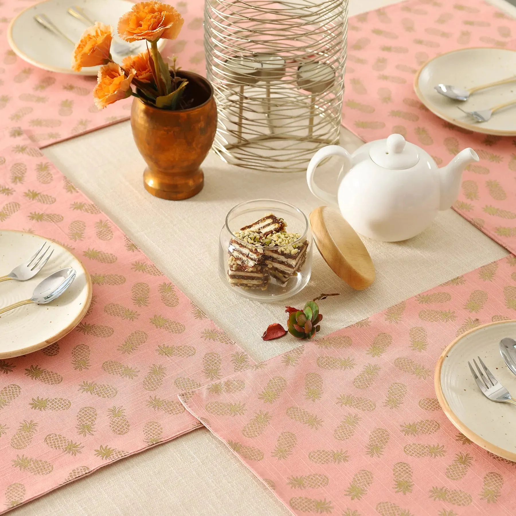 Pineapple Gold & Pink Cotton Table Mat Set of 6