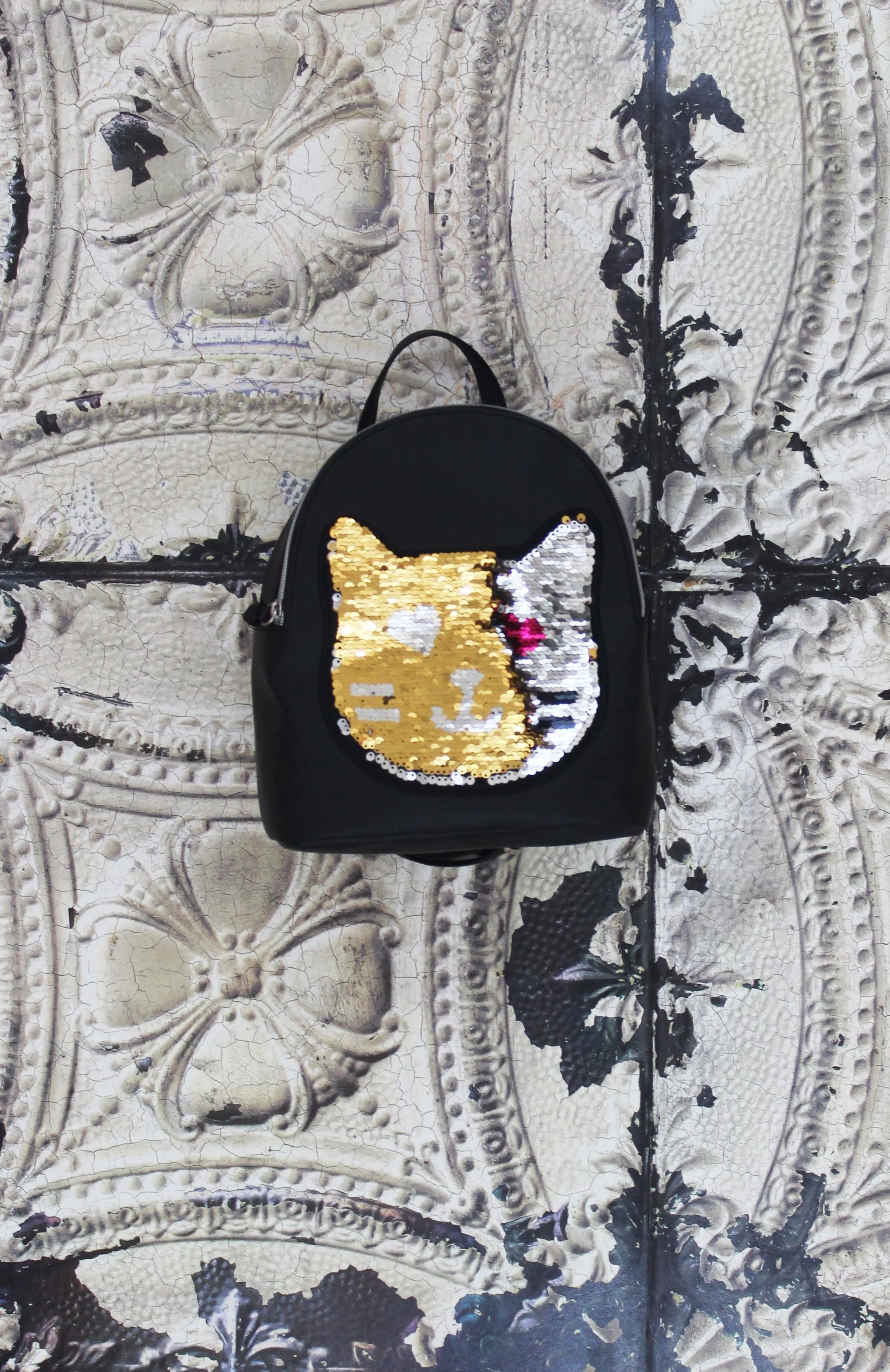 Reversible Sequin Patch Cat Backpack in Black