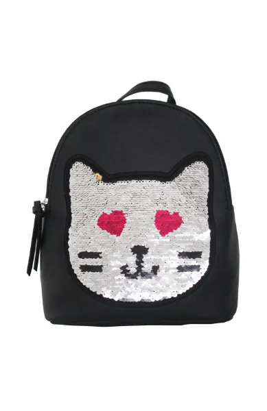 Reversible Sequin Patch Cat Backpack in Black