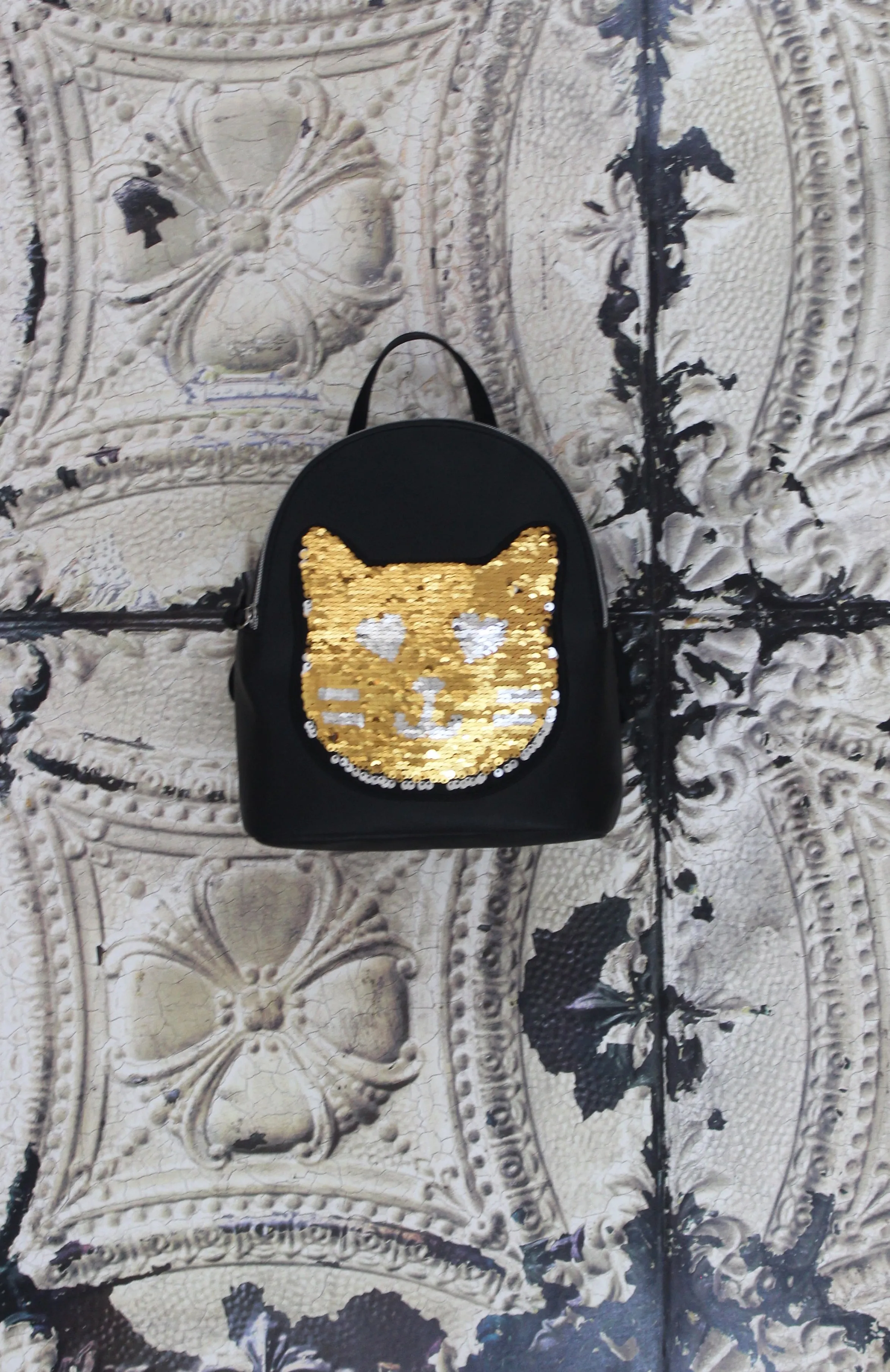 Reversible Sequin Patch Cat Backpack in Black