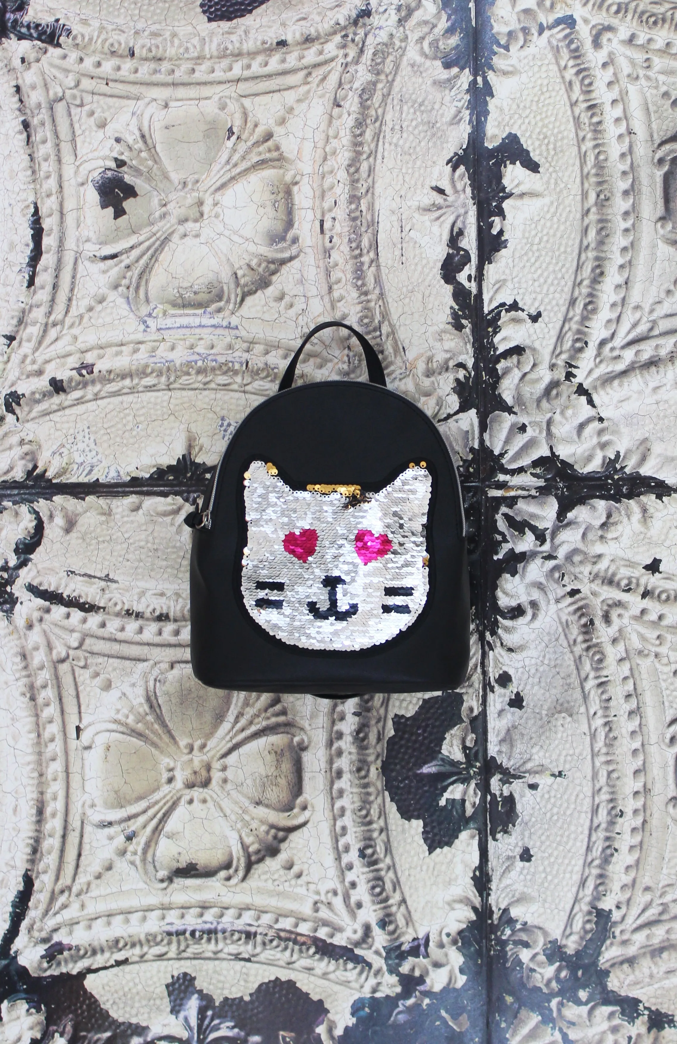 Reversible Sequin Patch Cat Backpack in Black