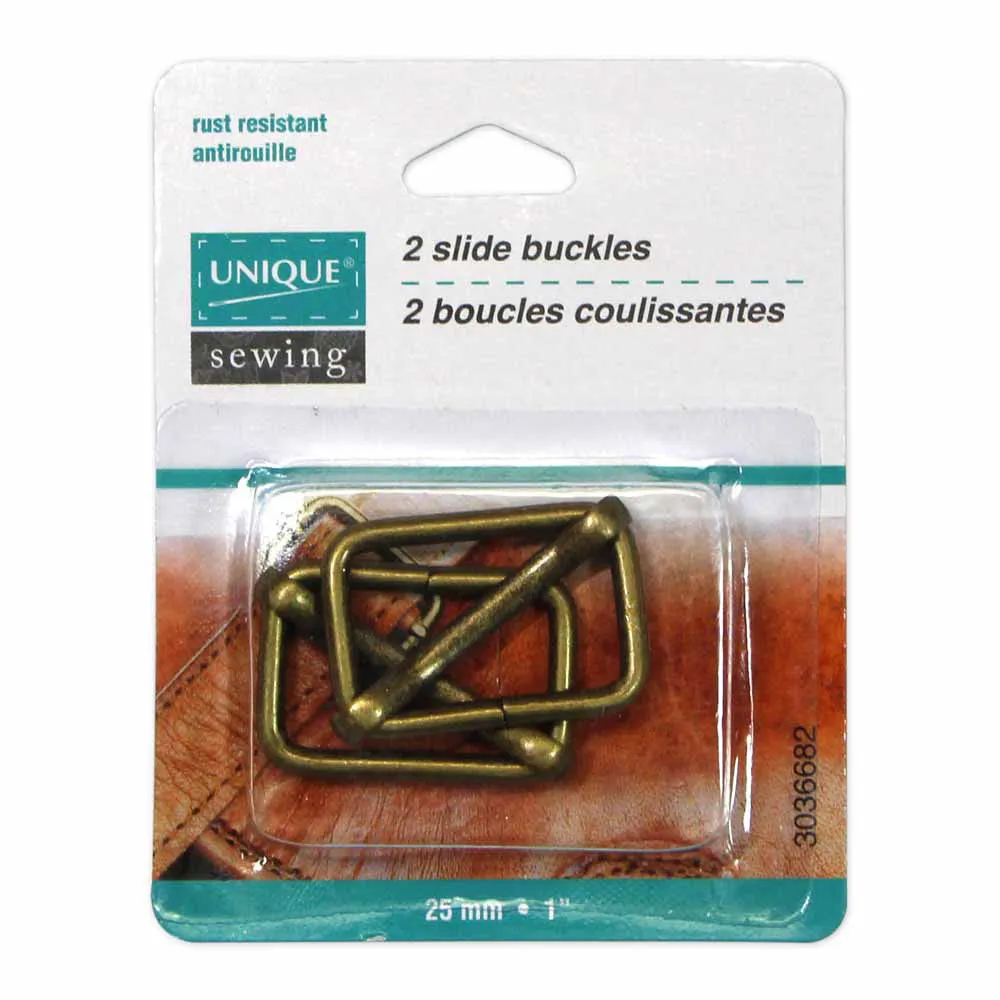 UNIQUE SEWING Slide Buckle - Metal - 25mm (1") - Antique Gold - 2 pcs