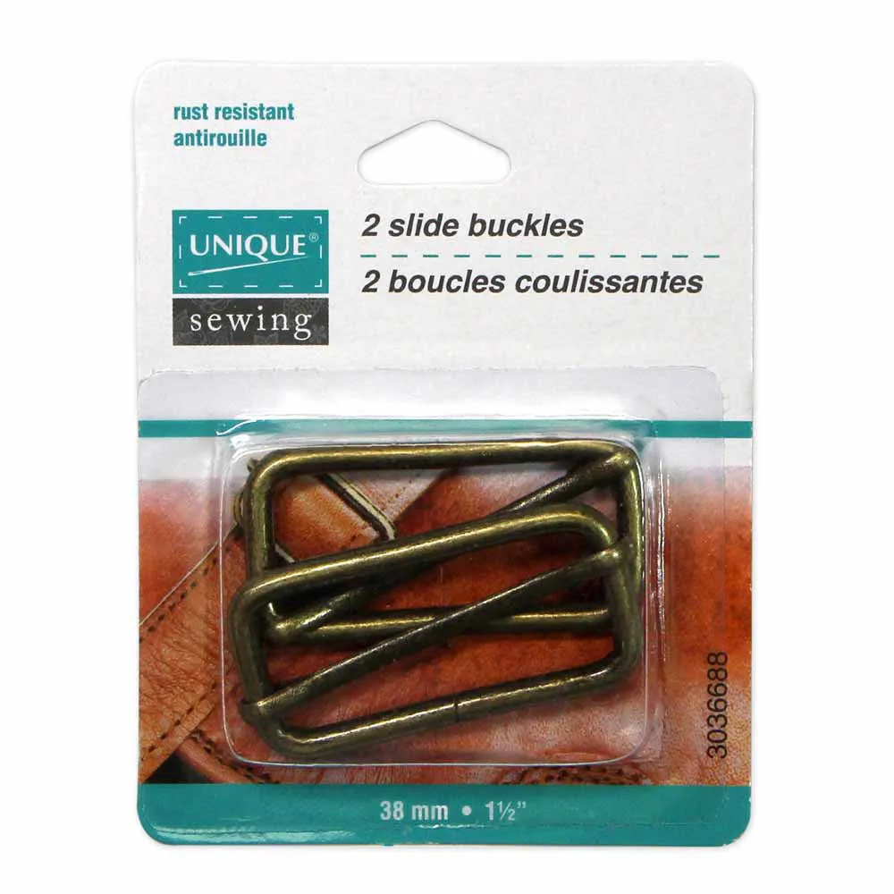 UNIQUE SEWING Slide Buckle - Metal - 38mm (1½") - Antique Gold - 2 pcs