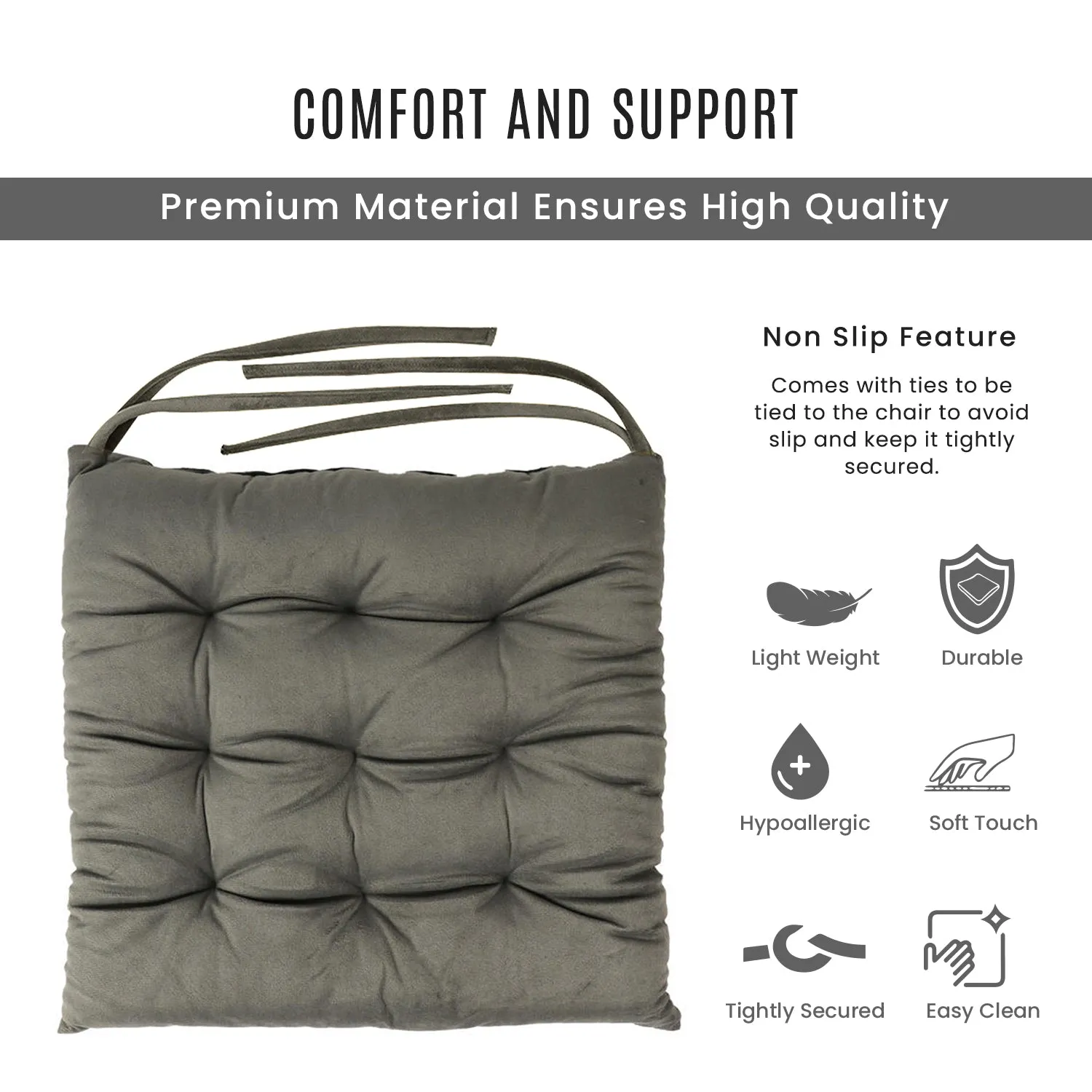 Velvet Slip Free Tufted  Chair Cushion Dark Grey 40x40cm