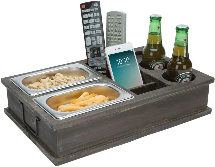 Vintage Gray Wood All-in-One Snack Caddy with Remote Control, Phone and Cup Holders