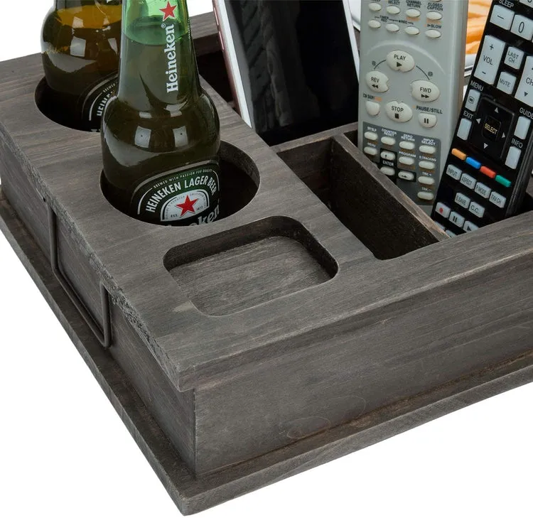 Vintage Gray Wood All-in-One Snack Caddy with Remote Control, Phone and Cup Holders