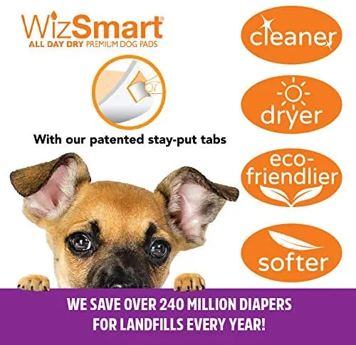 WizSmart, All-Day Dry Premium Dog and Puppy Potty Training Pads, Quick Drying, Absorbent, and Odor Free with Stay Put Tabs, 8 Cup Ultra 30 Count