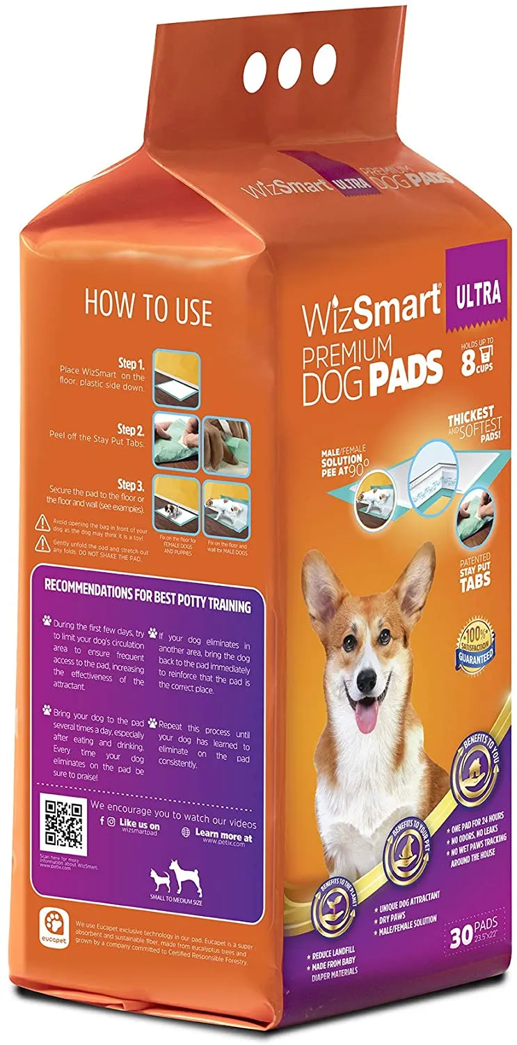 WizSmart, All-Day Dry Premium Dog and Puppy Potty Training Pads, Quick Drying, Absorbent, and Odor Free with Stay Put Tabs, 8 Cup Ultra 30 Count