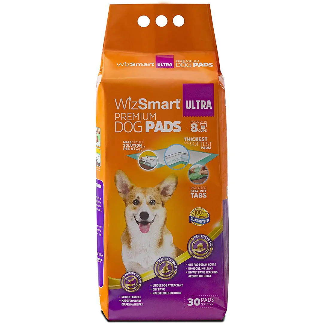 WizSmart, All-Day Dry Premium Dog and Puppy Potty Training Pads, Quick Drying, Absorbent, and Odor Free with Stay Put Tabs, 8 Cup Ultra 30 Count